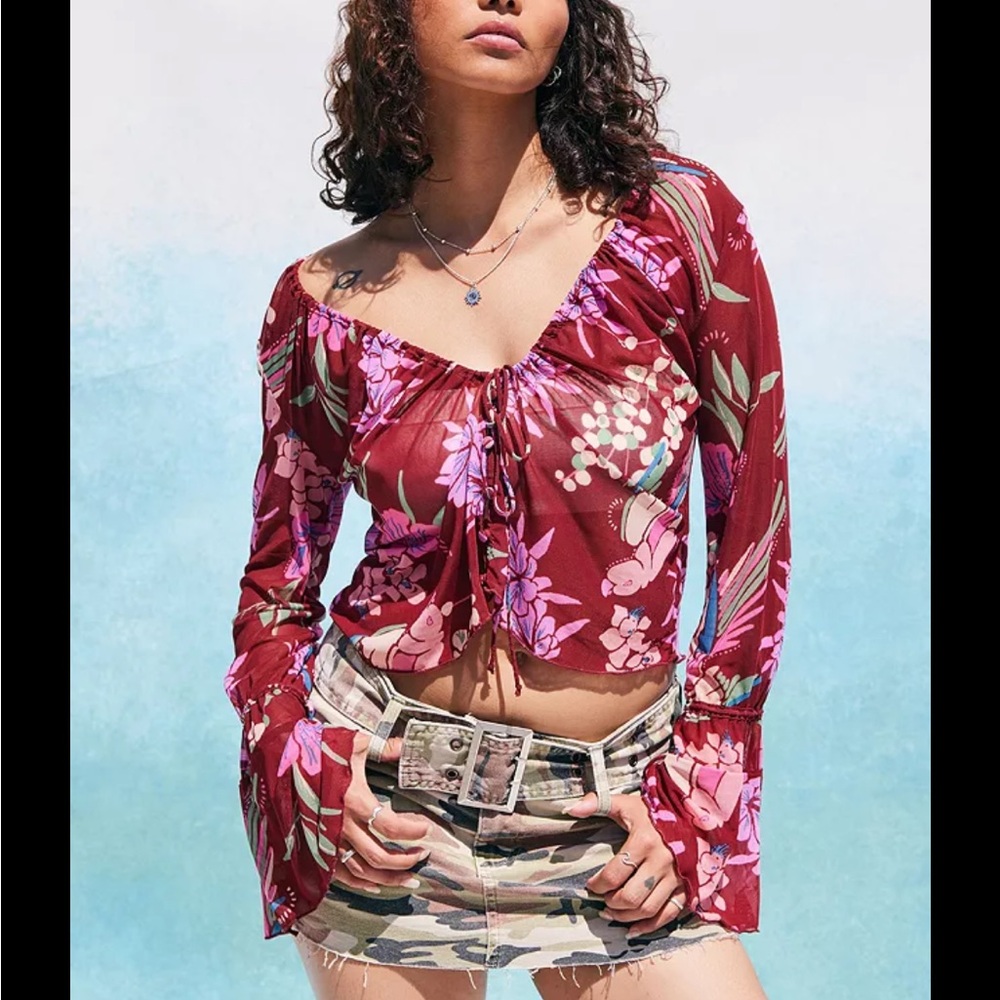 Free People Of Paradise Mesh Floral Top Sz L Long Sleeve Retro Festival Ruched
